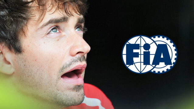 Charles Leclerc looks up with his mouth open, with a prominent FIA logo alongside him against a black background