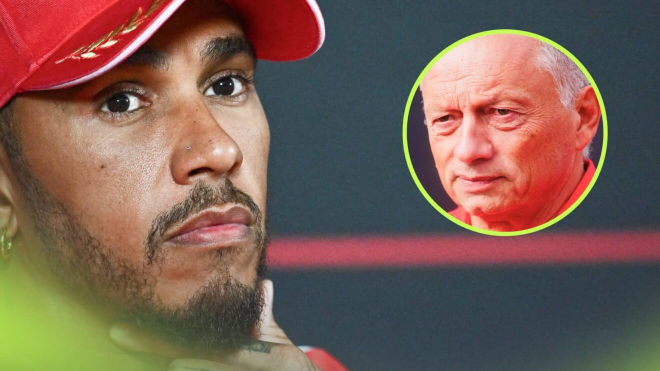 A close-up shot of Lewis Hamilton in a press conference with an inset of Fred Vasseur