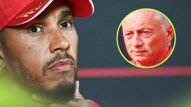 A close-up shot of Lewis Hamilton in a press conference with an inset of Fred Vasseur