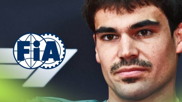A close-up shot of Lance Stroll in a press conference with a prominent FIA logo alongside him