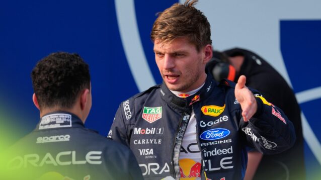 Verstappen and Hadjar in discussion in Malaysia