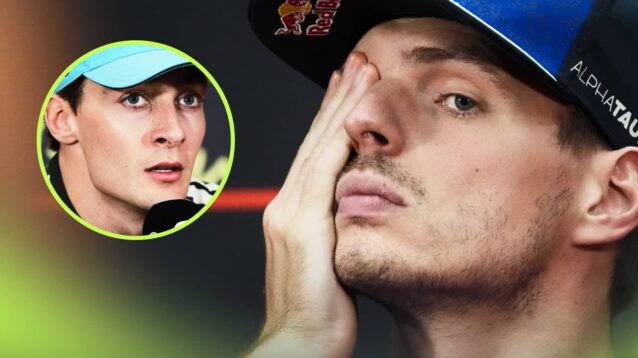 A close-up shot of Max Verstappen covering an eye with his hand in a press conference with an inset of George Russell