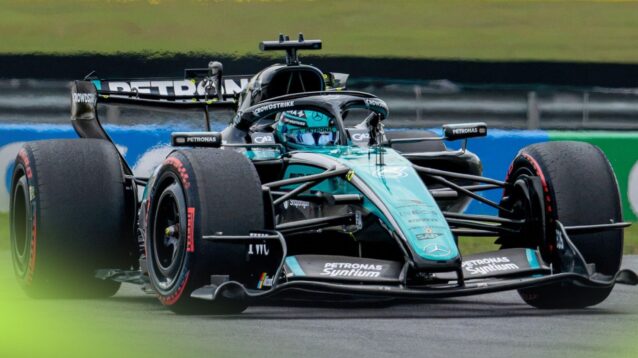 George Russell driving the upgraded Mercedes W17 at the 2026 Bahrain Grand Prix in Malaysia