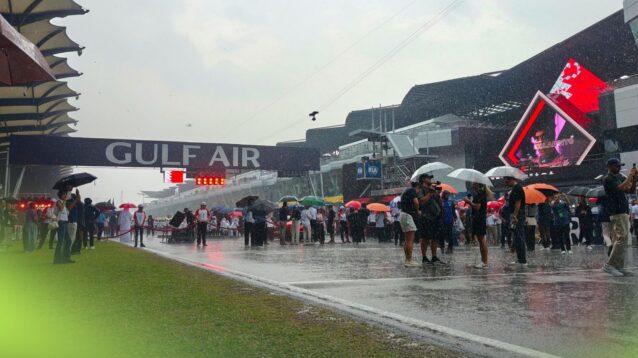 Rain falls on the grid ahead of the Bahrain GP in Malaysia.