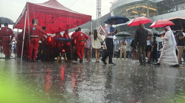 Rain falls on the grid ahead of the Bahrain GP in Malaysia.