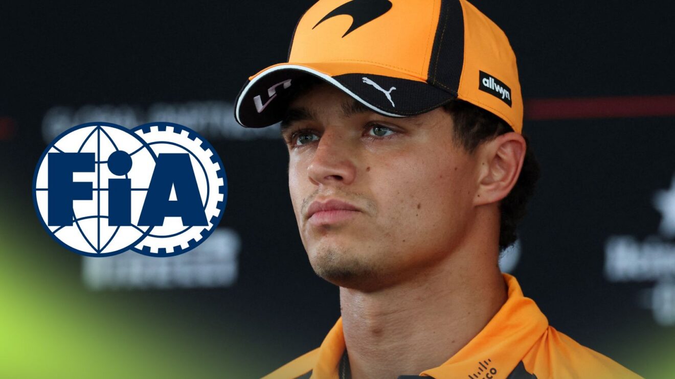 Lando Norris, McLaren, pictured at the 2026 Bahrain Grand Prix in Malaysia, as an FIA logo appears on the left