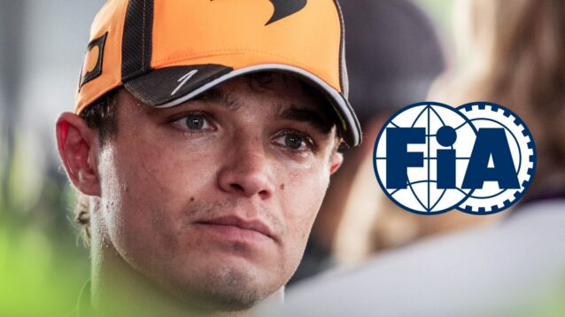 Lando Norris, McLaren, pictured at the 2026 Bahrain Grand Prix in Malaysia, as an FIA logo appears on the right