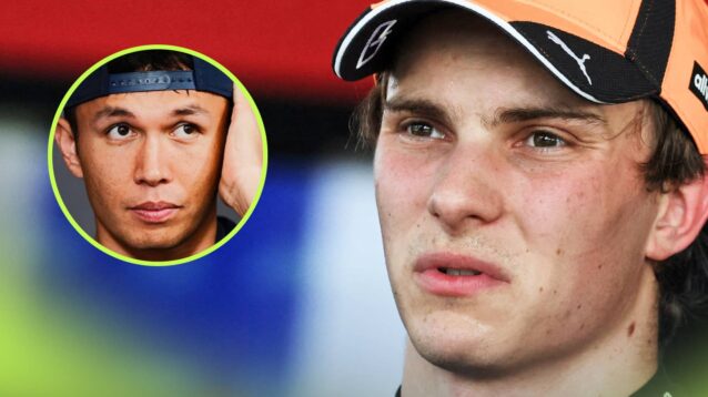 A close-up shot of Oscar Piastri speaking to the media with an inset of Alex Albon