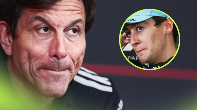 A close-up shot of Toto Wolff in a press conference with an inset of George Russell