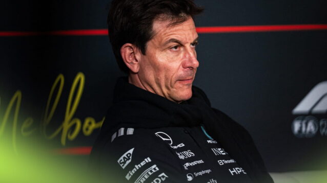 Toto Wolff sat in a press conference in Mercedes team kit