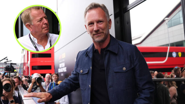Christian Horner with the Ferrari motorhome behind him. Martin Brundle in the circle