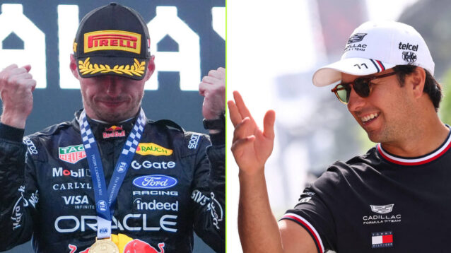 Max Verstappen celebrates, Sergio Perez waves