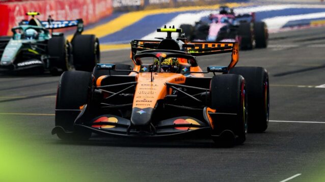 Lando Norris lines up for a practice start on the grid at Marina Bay, Singapore.