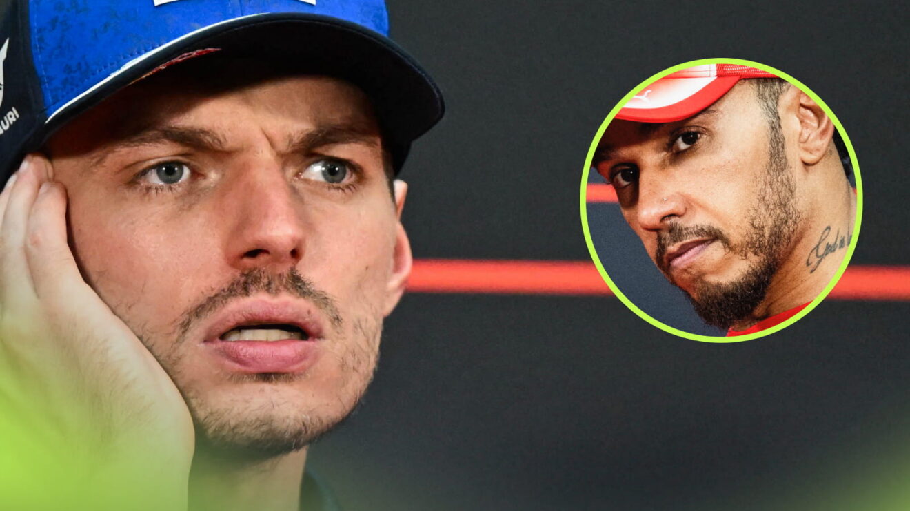 Max Verstappen looks on open-mouthed in a press conference with an inset of Lewis Hamilton