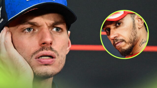 Max Verstappen looks on open-mouthed in a press conference with an inset of Lewis Hamilton