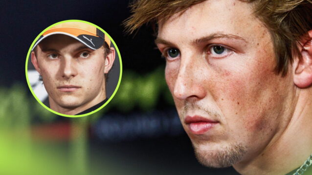 A close-up shot of Liam Lawson in a press conference with an inset of Oscar Piastri