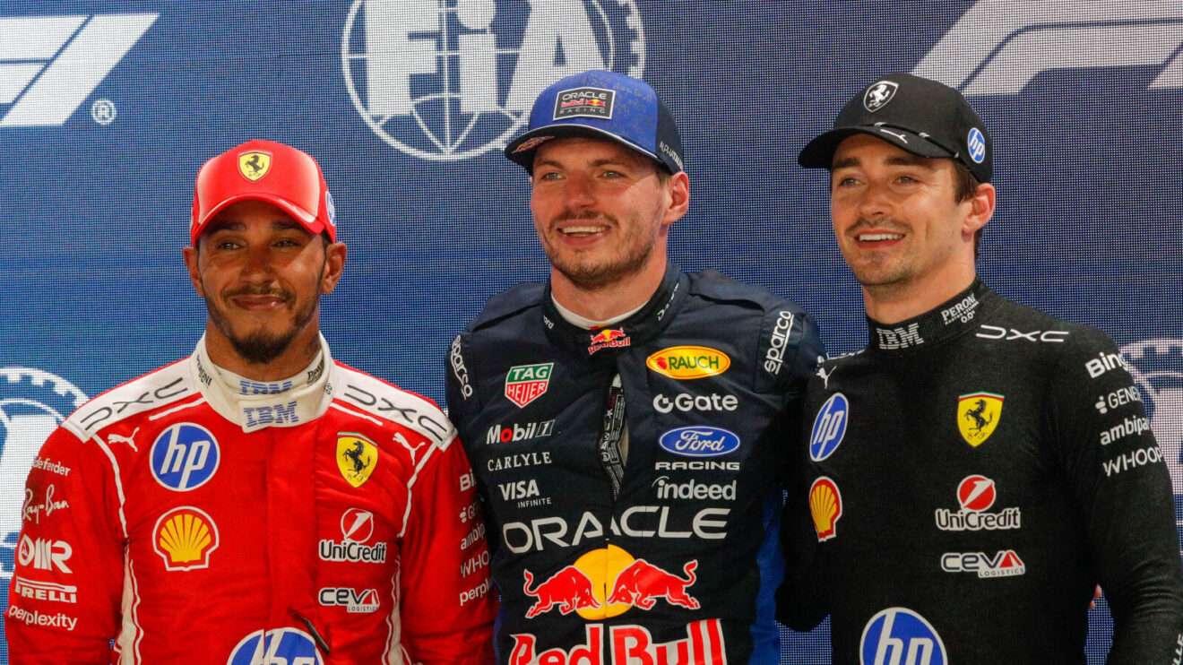 Max Verstappen celebrates pole position after beating the Ferraris