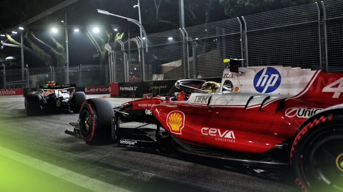 Lewis Hamilton on track in his Ferrari at Marina Bay for the 2026 Singapore Grand Prix.