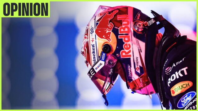 Max Verstappen lowers his head with the visor of his helmet open and an 'opinion' tab in a green box in the top-left corner