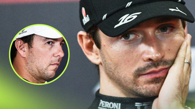 A close-up shot of Charles Leclerc holding his hand to his face in a press conference with an inset of Sergio Perez