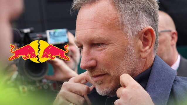 Christian Horner pictured at the 2025 British Grand Prix, as a cracked Red Bull logo appears on the left