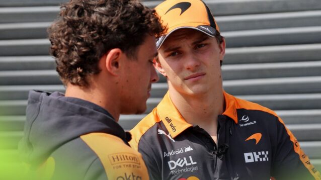 McLaren drivers Lando Norris and Oscar Piastri in discussion at the 2026 Azerbaijan Grand Prix