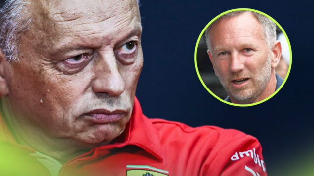 A close-up shot of Fred Vasseur in a press conference with an inset of Christian Horner