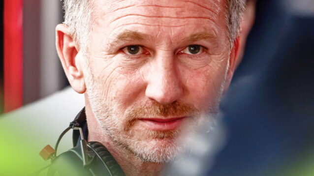 A close-up shot of Christian Horner with lines and wrinkles on his face highly visible