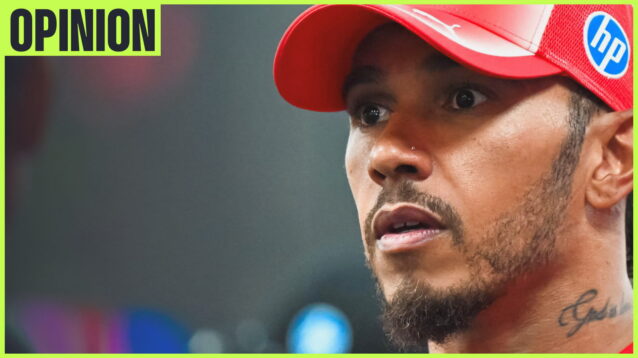 Lewis Hamilton stands with his eyes and mouth open in surprise with an 'opinion' tab in the top-left corner