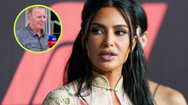 Kim Kardashian pictured at the 2026 Singapore Grand Prix, as Martin Brundle appears in a top left circle