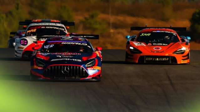 Max Verstappen in traffic on track at Portimao in a Mercedes-AMG GT3