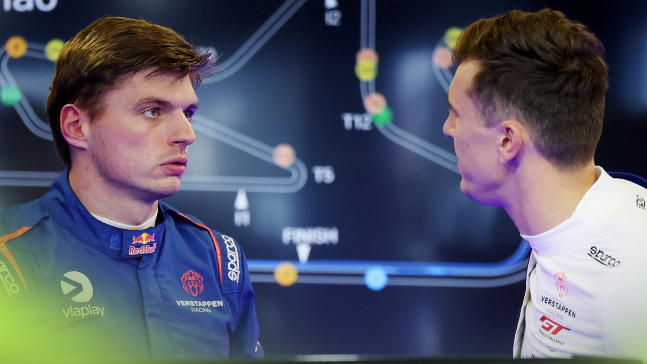 Max Verstappen in conversation with Ben Barnicoat during the GT World Challenge Europe event at Portimao.