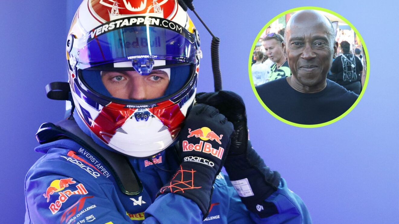 Max Verstappen adjusts his crash helmet at the 2026 GT World Challenge Portimao round, as Anthony Hamilton appears in a top right circle; image GT World Challenge