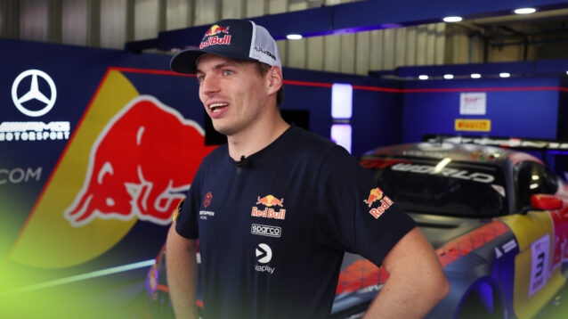Max Verstappen in the garage in front of the Team Verstappen Mercedes-AMG GT3.