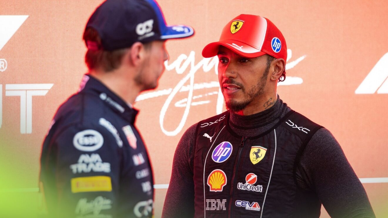 Red Bull's Max Verstappen and Lewis Hamilton, Ferrari, in discussion at the 2026 Singapore Grand Prix