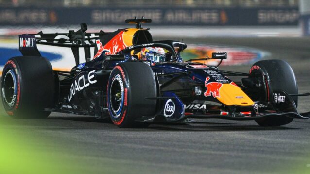 Red Bull's Max Verstappen on track at the 2026 Singapore Grand Prix.