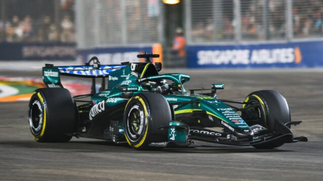Aston Martin's Lance Stroll on track at the 2026 Singapore Grand Prix.