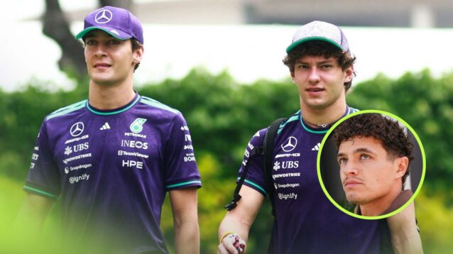 George Russell and Kimi Antonelli with Lando Norris inset.