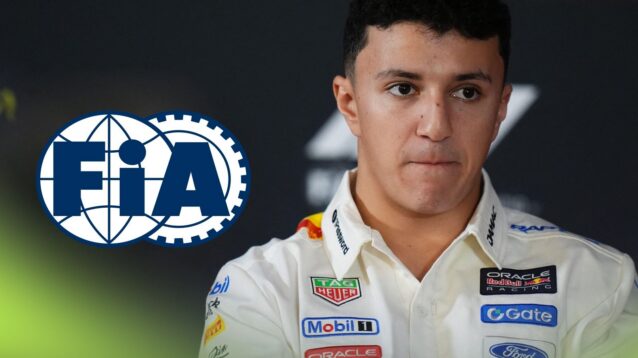 Isack Hadjar, Red Bull, pictured at the 2026 United States Grand Prix, as an FIA logo appears on the left