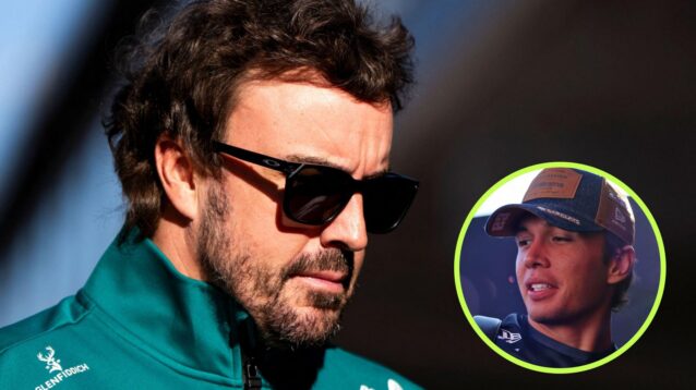 Fernando Alonso, Aston Martin pictured at the 2026 United States Grand Prix as Alex Albon, Williams, appears in a bottom right circle