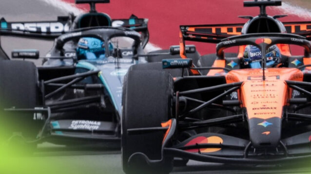 Oscar Piastri of Australia driving the (81) McLaren Mastercard Formula 1 Team MCL40 (R) and George Russell of Great Britain driving the (63) Mercedes AMG PETRONAS F1 Team F1 W17 (L) during the F1 Grand Prix of United States
