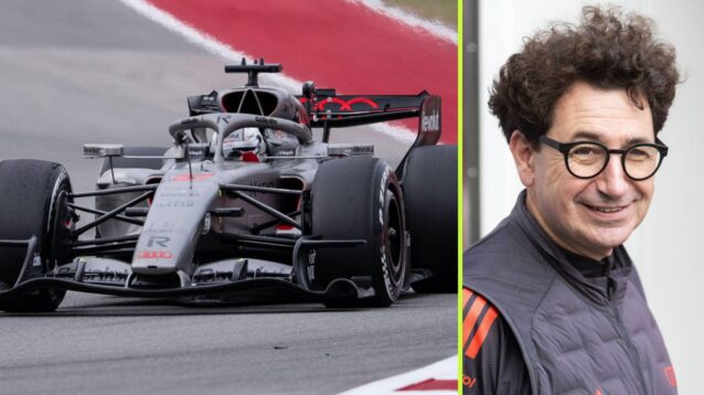 Audi's Nico Hulkenberg and Mattia Binotto at the 2026 United States Grand Prix.