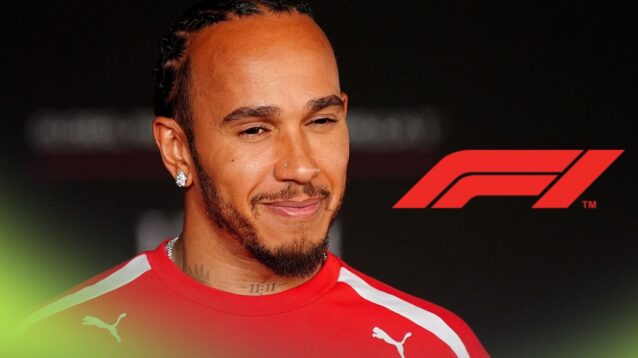 Lewis Hamilton, Ferrari, pictured at the 2026 Mexican Grand Prix, as the F1 logo appears on the right