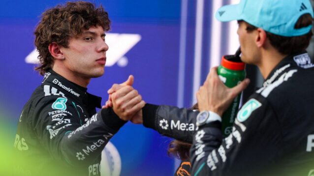 Mercedes teammates Kimi Antonelli and George Russell shake hands at the 2026 Azerbaijan Grand Prix