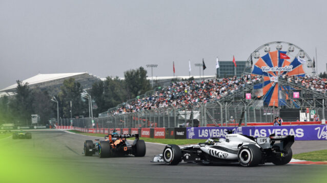 A Cadillac and McLaren on track at the Mexico City GP.