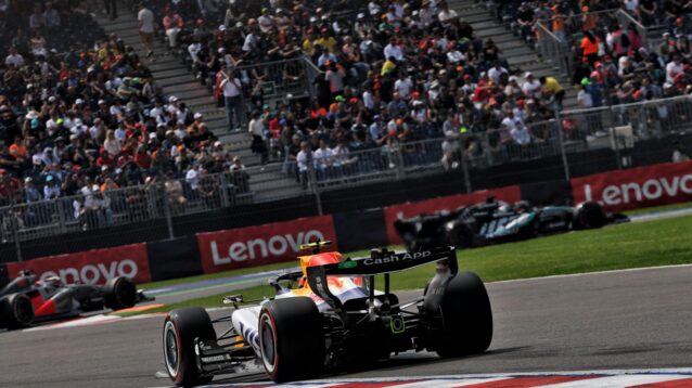 A Racing Bulls on track during practice for the Mexican GP.