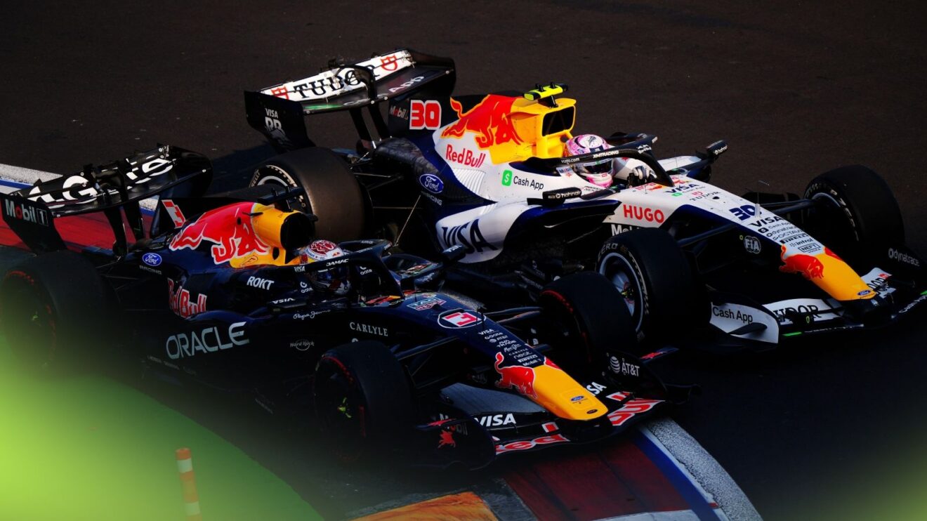 Max Verstappen, Red Bull and Liam Lawson, Racing Bulls, collide at the 2026 Mexican Grand Prix