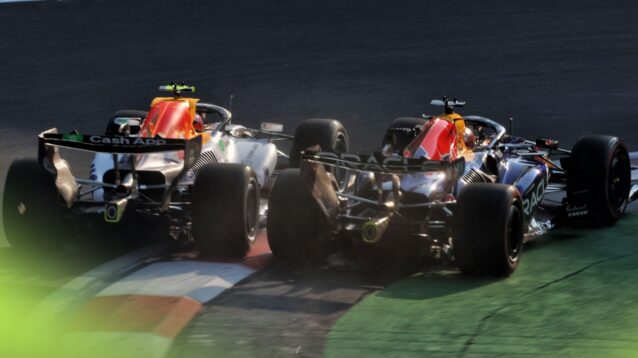 Liam Lawson, Racing Bulls and Max Verstappen, Red Bull, side-by-side at the 2026 Mexican Grand Prix
